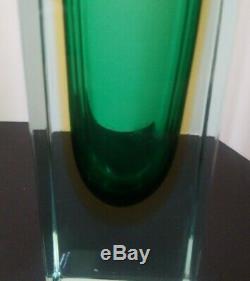 Vintage Murano Italian Art Glass Sommerso Cased Glass Vase Green Yellow Poli