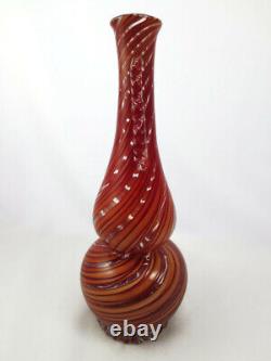 Vintage Murano Italian Art Glass Vase Red & Orange Striped Swirl Bischoff Bottle