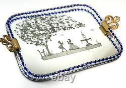 Vintage Murano Italian Etched Mirror & Glass Tray Clear & Blue Rope with Couple