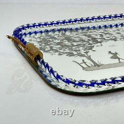 Vintage Murano Italian Etched Mirror & Glass Tray Clear & Blue Rope with Couple