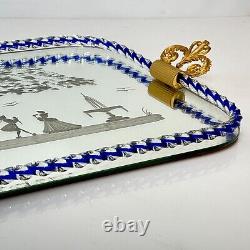 Vintage Murano Italian Etched Mirror & Glass Tray Clear & Blue Rope with Couple