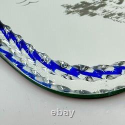 Vintage Murano Italian Etched Mirror & Glass Tray Clear & Blue Rope with Couple