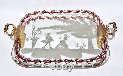 Vintage Murano Italian Etched Mirror & Glass Tray Clear & Red Rope with Couple