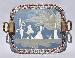 Vintage Murano Italian Etched Mirror & Glass Tray Clear & Red Rope with Couple
