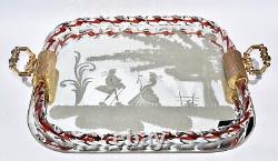 Vintage Murano Italian Etched Mirror & Glass Tray Clear & Red Rope with Couple