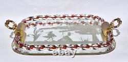 Vintage Murano Italian Etched Mirror & Glass Tray Clear & Red Rope with Couple