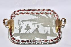 Vintage Murano Italian Etched Mirror & Glass Tray Clear & Red Rope with Couple