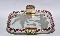 Vintage Murano Italian Etched Mirror & Glass Tray Clear & Red Rope with Couple