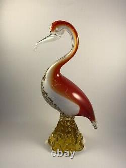 Vintage Murano Italy Art Glass Bird Red WithGold Flecks Crane Figurine WithSticker