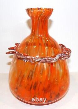 Vintage Murano Italy Art Glass Orange & White With Gold Aventurine 8 3/8 Vase