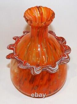 Vintage Murano Italy Art Glass Orange & White With Gold Aventurine 8 3/8 Vase