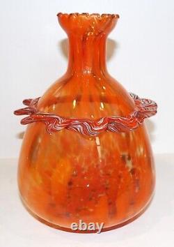 Vintage Murano Italy Art Glass Orange & White With Gold Aventurine 8 3/8 Vase