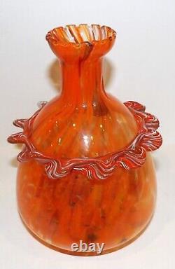 Vintage Murano Italy Art Glass Orange & White With Gold Aventurine 8 3/8 Vase