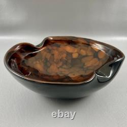 Vintage Murano Italy Brown Black Gold Fleck Art Glass Bowl WithLabel