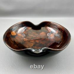 Vintage Murano Italy Brown Black Gold Fleck Art Glass Bowl WithLabel