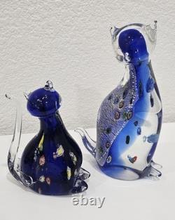 Vintage Murano Italy Millefiori Art Glass 2 Cats Figurine Venetian Cobalt Blue