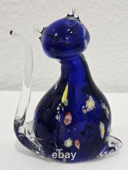 Vintage Murano Italy Millefiori Art Glass 2 Cats Figurine Venetian Cobalt Blue