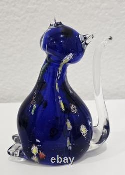 Vintage Murano Italy Millefiori Art Glass 2 Cats Figurine Venetian Cobalt Blue