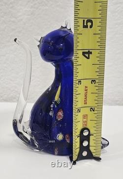 Vintage Murano Italy Millefiori Art Glass 2 Cats Figurine Venetian Cobalt Blue