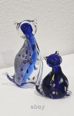 Vintage Murano Italy Millefiori Art Glass 2 Cats Figurine Venetian Cobalt Blue