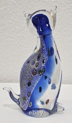Vintage Murano Italy Millefiori Art Glass 2 Cats Figurine Venetian Cobalt Blue
