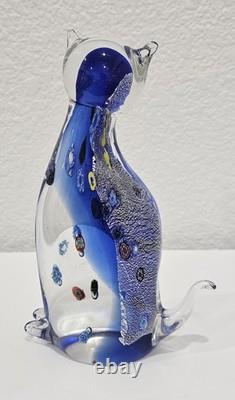 Vintage Murano Italy Millefiori Art Glass 2 Cats Figurine Venetian Cobalt Blue