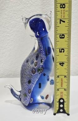 Vintage Murano Italy Millefiori Art Glass 2 Cats Figurine Venetian Cobalt Blue