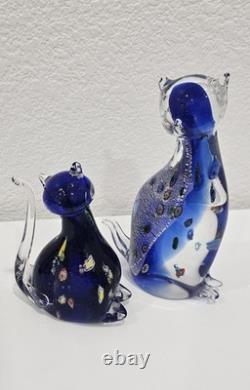 Vintage Murano Italy Millefiori Art Glass 2 Cats Figurine Venetian Cobalt Blue