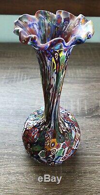 Vintage Murano Italy Millefiori Bud Vase KB Glass Mosaic Flower Multi Color Star