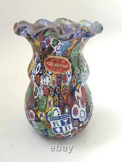 Vintage Murano Italy Millefiori Murrine Art Glass Vase Mid Century Labels