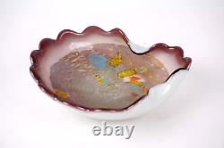 Vintage Murano Italy Multi Color Purple Scalloped Art Glass Bowl Aventurine 9.5