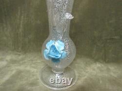 Vintage Murano Italy Silver Fleck Blue Flower Italian Art Glass Hand Blow Vase