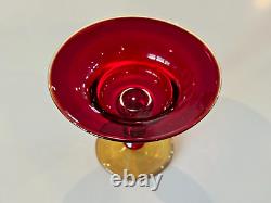 Vintage Murano Italy Venetian Red Yellow Glass Compote Footed Bowl