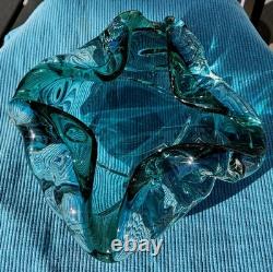 Vintage Murano Large Glass Art Folded Aqua Blue 5lb Eye Stopper