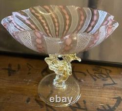 Vintage Murano Latticino Pink Ribbon Aventurine Compote