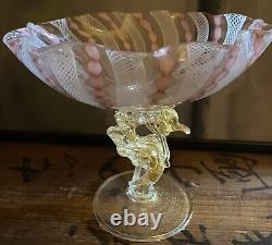 Vintage Murano Latticino Pink Ribbon Aventurine Compote