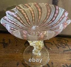 Vintage Murano Latticino Pink Ribbon Aventurine Compote