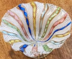 Vintage Murano Latticino Ribbon Gold Adventurine Footed Glass Bowl, Candy Dish