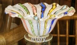 Vintage Murano Latticino Ribbon Gold Adventurine Footed Glass Bowl, Candy Dish