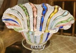 Vintage Murano Latticino Ribbon Gold Adventurine Footed Glass Bowl, Candy Dish