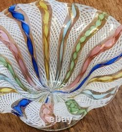 Vintage Murano Latticino Ribbon Gold Adventurine Footed Glass Bowl, Candy Dish