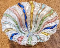 Vintage Murano Latticino Ribbon Gold Adventurine Footed Glass Bowl, Candy Dish