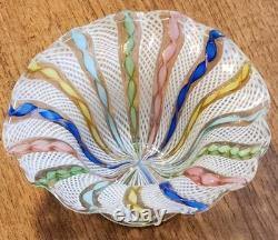 Vintage Murano Latticino Ribbon Gold Adventurine Footed Glass Bowl, Candy Dish