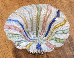 Vintage Murano Latticino Ribbon Gold Adventurine Footed Glass Bowl, Candy Dish