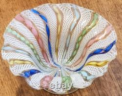 Vintage Murano Latticino Ribbon Gold Adventurine Footed Glass Bowl, Candy Dish