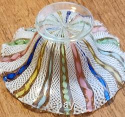 Vintage Murano Latticino Ribbon Gold Adventurine Footed Glass Bowl, Candy Dish