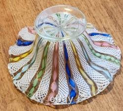 Vintage Murano Latticino Ribbon Gold Adventurine Footed Glass Bowl, Candy Dish