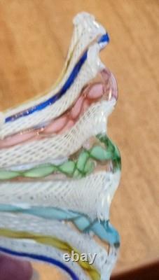 Vintage Murano Latticino Ribbon Gold Adventurine Footed Glass Bowl, Candy Dish