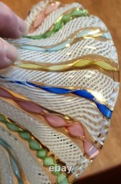 Vintage Murano Latticino Ribbon Gold Adventurine Footed Glass Bowl, Candy Dish