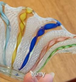 Vintage Murano Latticino Ribbon Gold Adventurine Footed Glass Bowl, Candy Dish